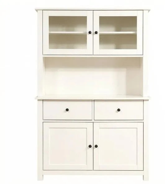 Antique White 63.5'' Kitchen Buffet with Hutch Pantry Storage Cabinet 4 Shelves Drawers Framed Glass Doors Open Microwave Countertop