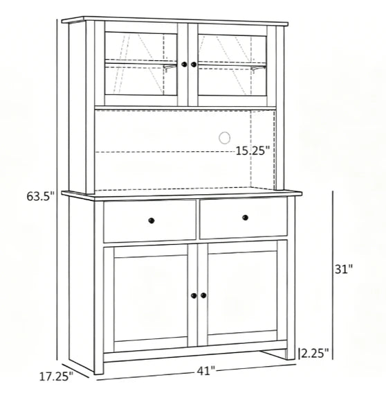 Antique White 63.5'' Kitchen Buffet with Hutch Pantry Storage Cabinet 4 Shelves Drawers Framed Glass Doors Open Microwave Countertop