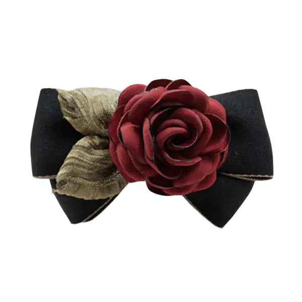 Artificial Red Rose Flower Cloth Hair Pin Bowknot Black