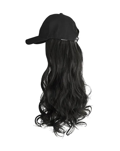 Baseball Cap with Natural Black Long Wavy Hair Wig Cap