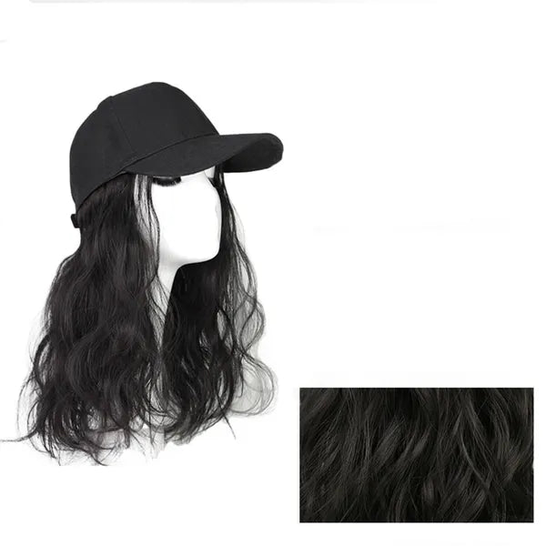 Black Baseball Cap with Fluffy Wavy Black Wig
