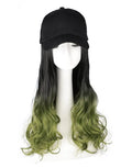 Black Baseball Cap with Green Long Wavy Wig