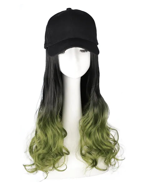 Black Baseball Cap with Green Long Wavy Wig