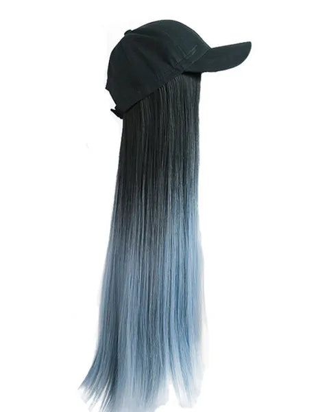 Black Baseball Cap with Grey Blue Long Straight Wig