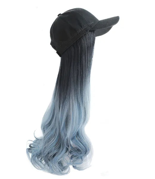 Black Baseball Cap with Grey Blue Long Wavy Wig