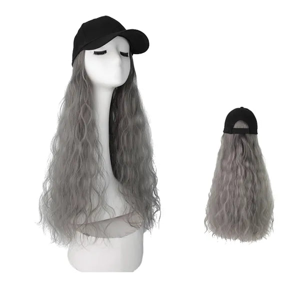 Black Baseball Cap with Grey Long Wavy Wig
