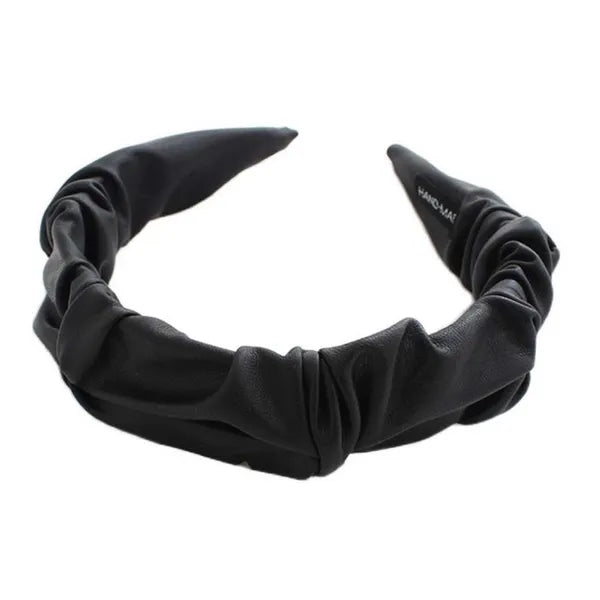 Black PU Leather Pleated Wide Headband
