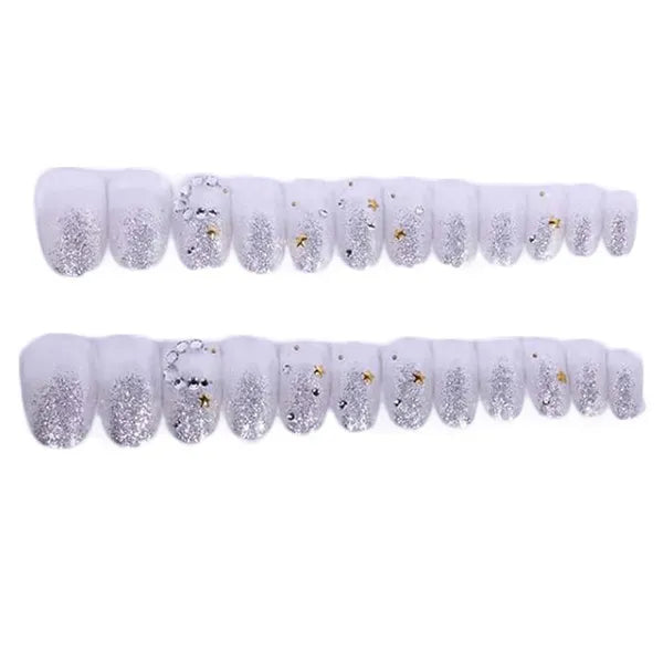 Bling Bling Beads False Fingernails Silver Stars