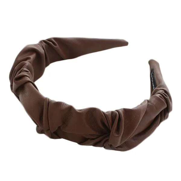 Brown PU Leather Pleated Wide Headband