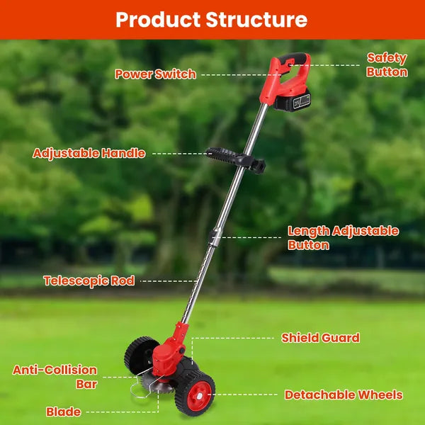 Cordless Wheeled Lawn Wacker - 800W Brush Motor (50dB Quiet), 2x21V 2500mAh Batteries (4-5hr Charge), Extendable (34.64-46.45in) & 90° Adjustable Head, 3 Blades for Yard/Flower Beds/Roadside Areas