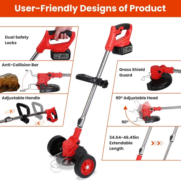 Cordless Wheeled Lawn Wacker - 800W Brush Motor (50dB Quiet), 2x21V 2500mAh Batteries (4-5hr Charge), Extendable (34.64-46.45in) & 90° Adjustable Head, 3 Blades for Yard/Flower Beds/Roadside Areas