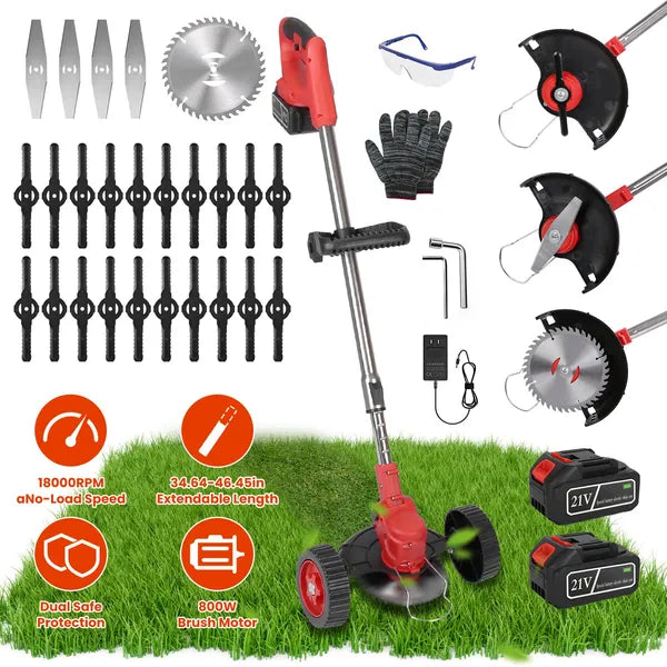 Cordless Wheeled Lawn Wacker - 800W Brush Motor (50dB Quiet), 2x21V 2500mAh Batteries (4-5hr Charge), Extendable (34.64-46.45in) & 90° Adjustable Head, 3 Blades for Yard/Flower Beds/Roadside Areas