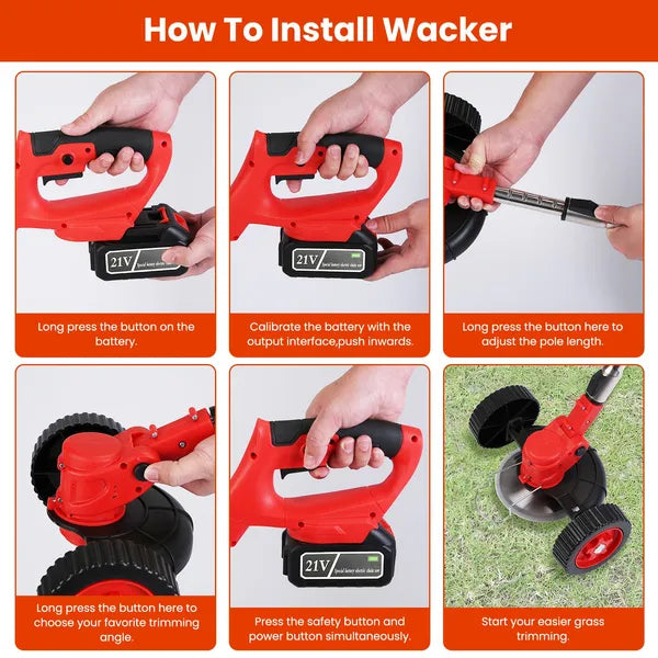 Cordless Wheeled Lawn Wacker - 800W Brush Motor (50dB Quiet), 2x21V 2500mAh Batteries (4-5hr Charge), Extendable (34.64-46.45in) & 90° Adjustable Head, 3 Blades for Yard/Flower Beds/Roadside Areas