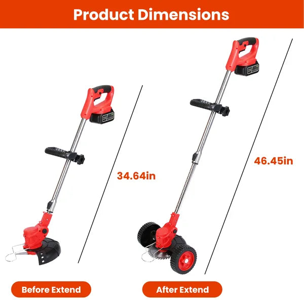 Cordless Wheeled Lawn Wacker - 800W Brush Motor (50dB Quiet), 2x21V 2500mAh Batteries (4-5hr Charge), Extendable (34.64-46.45in) & 90° Adjustable Head, 3 Blades for Yard/Flower Beds/Roadside Areas