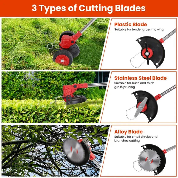 Cordless Wheeled Lawn Wacker - 800W Brush Motor (50dB Quiet), 2x21V 2500mAh Batteries (4-5hr Charge), Extendable (34.64-46.45in) & 90° Adjustable Head, 3 Blades for Yard/Flower Beds/Roadside Areas