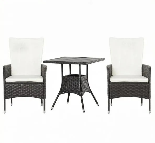 Cream 3 Piece Patio Bistro Set PE Wicker Tufted Cushion Reclining Chairs Coffee Table Outdoor Furniture Conversation Set