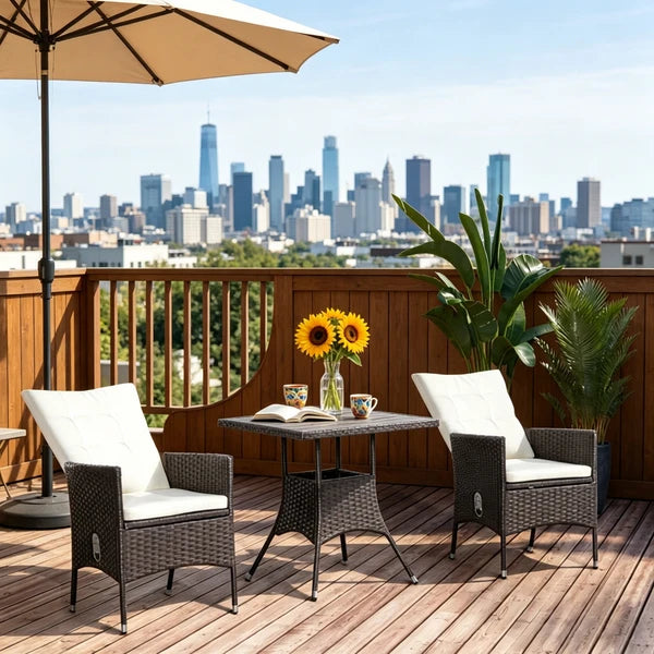 Cream 3 Piece Patio Bistro Set PE Wicker Tufted Cushion Reclining Chairs Coffee Table Outdoor Furniture Conversation Set