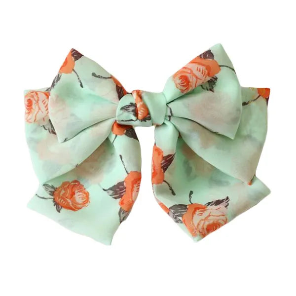 Cute Aqua Blue Rose Bowknot Hair Barrette Handmade Chiffon