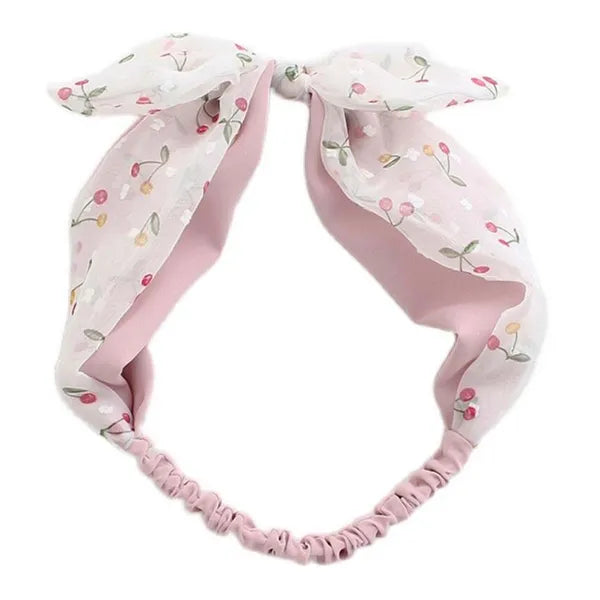 Cute Bowknot Headband White Pink Cherry Chiffon Linen