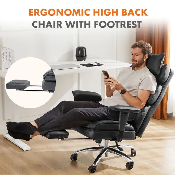 Executive Home Office Desk Chair Ergonomic High Back with Footrest & Lumbar Support, Reclining Height Adjustable PU Leather with Swivel Wheels