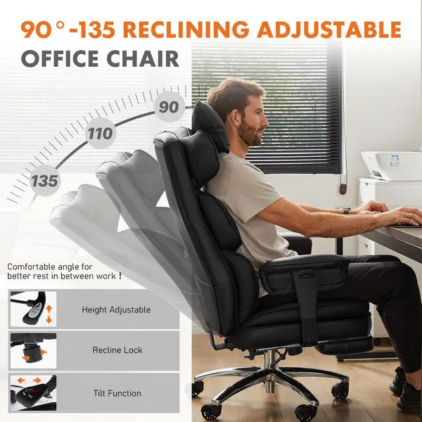 Executive Home Office Desk Chair Ergonomic High Back with Footrest & Lumbar Support, Reclining Height Adjustable PU Leather with Swivel Wheels