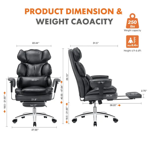 Executive Home Office Desk Chair Ergonomic High Back with Footrest & Lumbar Support, Reclining Height Adjustable PU Leather with Swivel Wheels