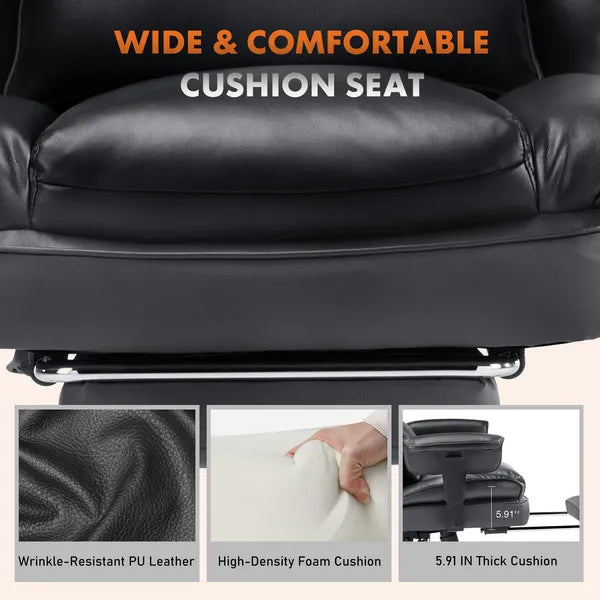 Executive Home Office Desk Chair Ergonomic High Back with Footrest & Lumbar Support, Reclining Height Adjustable PU Leather with Swivel Wheels