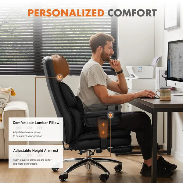 Executive Home Office Desk Chair Ergonomic High Back with Footrest & Lumbar Support, Reclining Height Adjustable PU Leather with Swivel Wheels