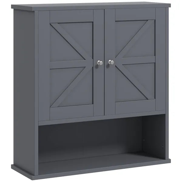 Farmhouse Bathroom Medicine Cabinet, Wall Cabinet with Barn Doors and Adjustable Shelf for Laundry Room, Gray