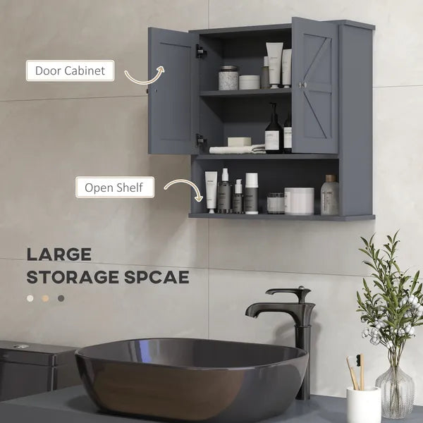 Farmhouse Bathroom Medicine Cabinet, Wall Cabinet with Barn Doors and Adjustable Shelf for Laundry Room, Gray