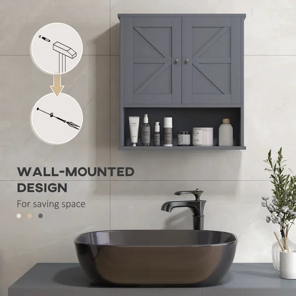 Farmhouse Bathroom Medicine Cabinet, Wall Cabinet with Barn Doors and Adjustable Shelf for Laundry Room, Gray