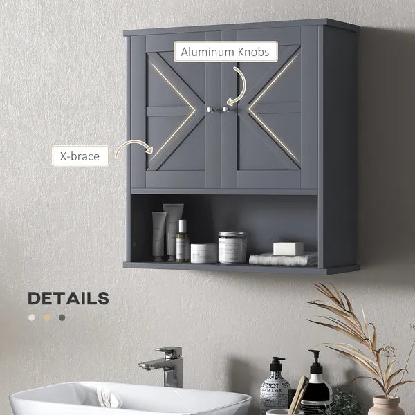 Farmhouse Bathroom Medicine Cabinet, Wall Cabinet with Barn Doors and Adjustable Shelf for Laundry Room, Gray