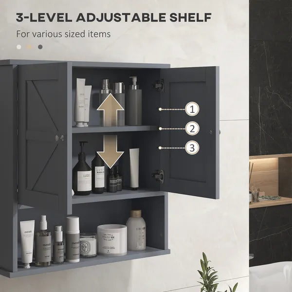 Farmhouse Bathroom Medicine Cabinet, Wall Cabinet with Barn Doors and Adjustable Shelf for Laundry Room, Gray
