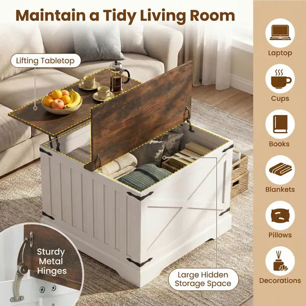 Farmhouse Lift Top Coffee Table with Hidden Storage Compartment