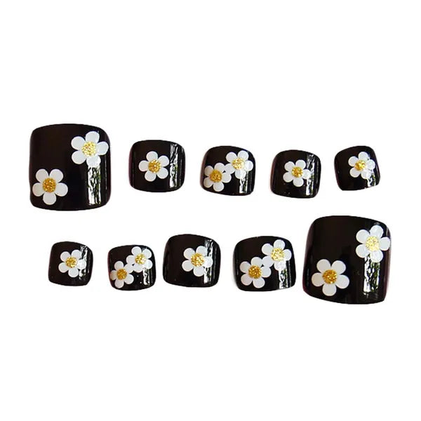 Flower Black Short Artificial False Nails Toenails
