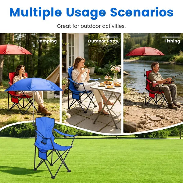 Folding Camping Chair with Detachable 8-Rib Sun Umbrella, 42.13 Inch Canopy Aluminum Alloy Portable Lawn Chair Supports 330LBS with Cup Holder
