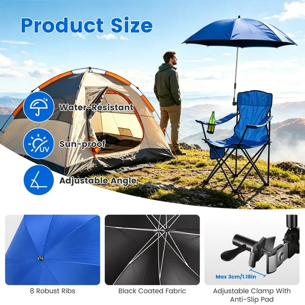 Folding Camping Chair with Detachable 8-Rib Sun Umbrella, 42.13 Inch Canopy Aluminum Alloy Portable Lawn Chair Supports 330LBS with Cup Holder