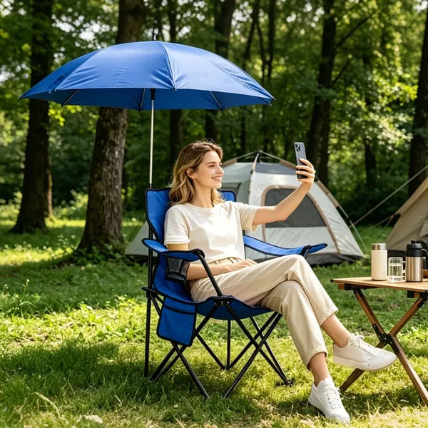 Folding Camping Chair with Detachable 8-Rib Sun Umbrella, 42.13 Inch Canopy Aluminum Alloy Portable Lawn Chair Supports 330LBS with Cup Holder