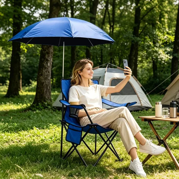 Folding Camping Chair with Detachable 8-Rib Sun Umbrella, 42.13 Inch Canopy Aluminum Alloy Portable Lawn Chair Supports 330LBS with Cup Holder