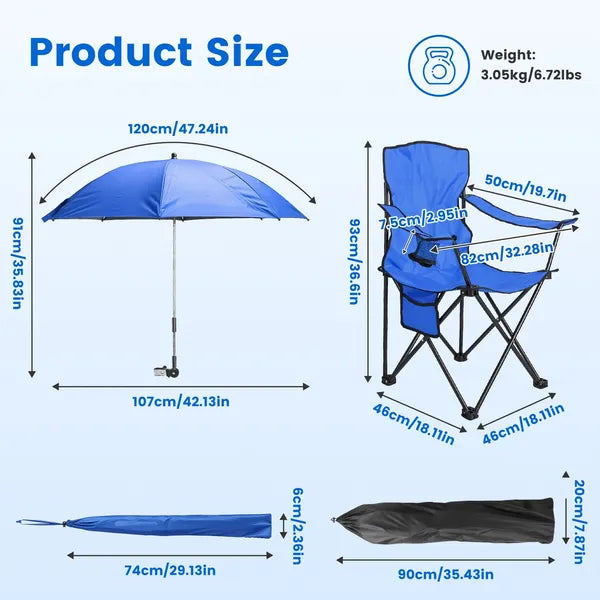 Folding Camping Chair with Detachable 8-Rib Sun Umbrella, 42.13 Inch Canopy Aluminum Alloy Portable Lawn Chair Supports 330LBS with Cup Holder