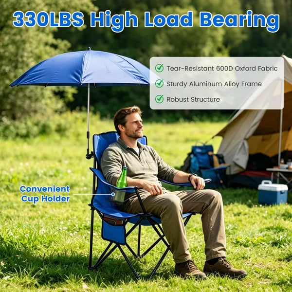 Folding Camping Chair with Detachable 8-Rib Sun Umbrella, 42.13 Inch Canopy Aluminum Alloy Portable Lawn Chair Supports 330LBS with Cup Holder