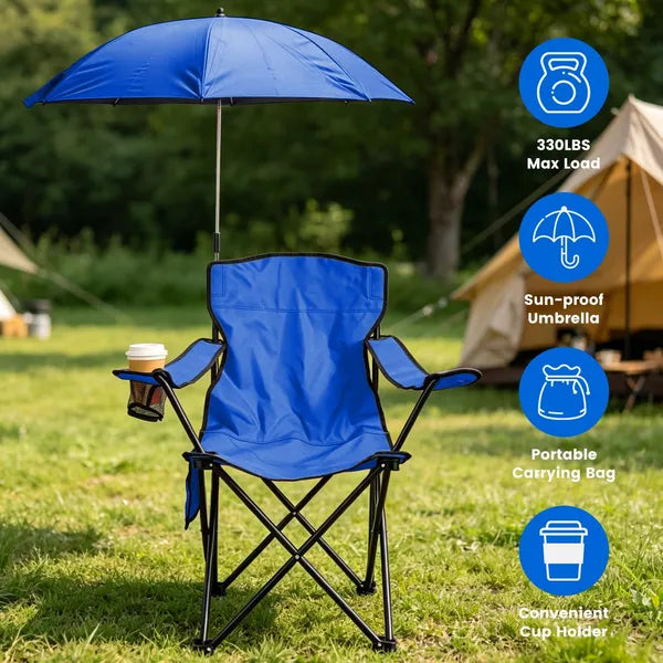Folding Camping Chair with Detachable 8-Rib Sun Umbrella, 42.13 Inch Canopy Aluminum Alloy Portable Lawn Chair Supports 330LBS with Cup Holder