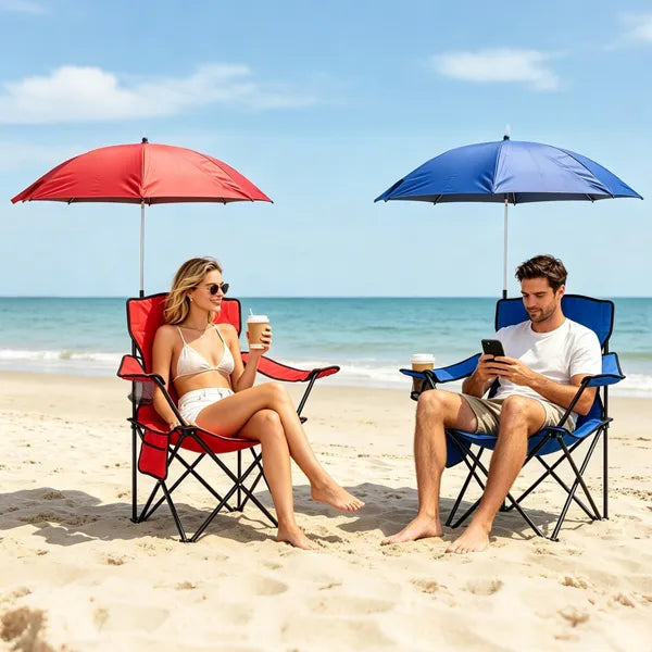 Folding Camping Chair with Detachable 8-Rib Sun Umbrella, 42.13 Inch Canopy Aluminum Alloy Portable Lawn Chair Supports 330LBS with Cup Holder