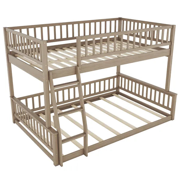 Full XL over Queen Bunk Bed with Ladder and Guardrails, Walnut