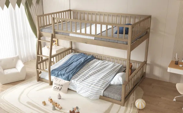Full XL over Queen Bunk Bed with Ladder and Guardrails, Walnut