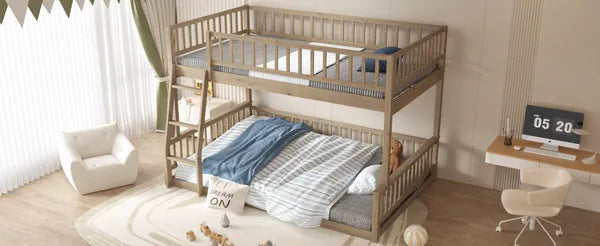 Full XL over Queen Bunk Bed with Ladder and Guardrails, Walnut
