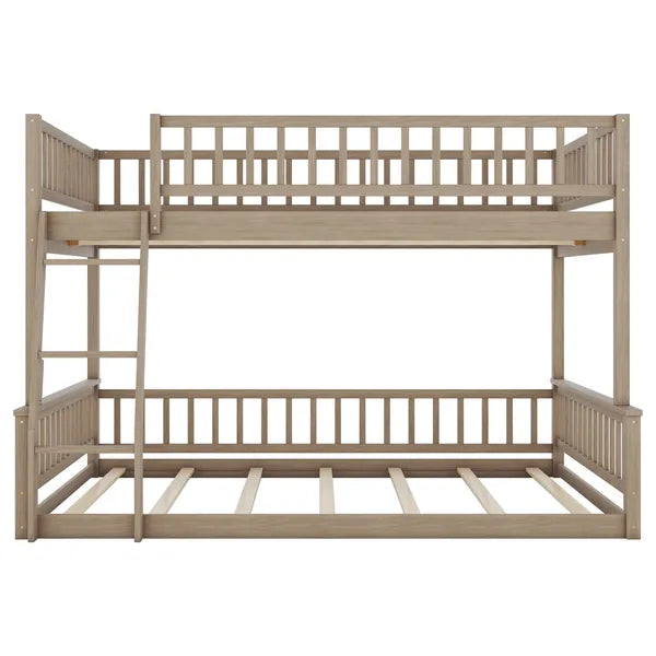 Full XL over Queen Bunk Bed with Ladder and Guardrails, Walnut