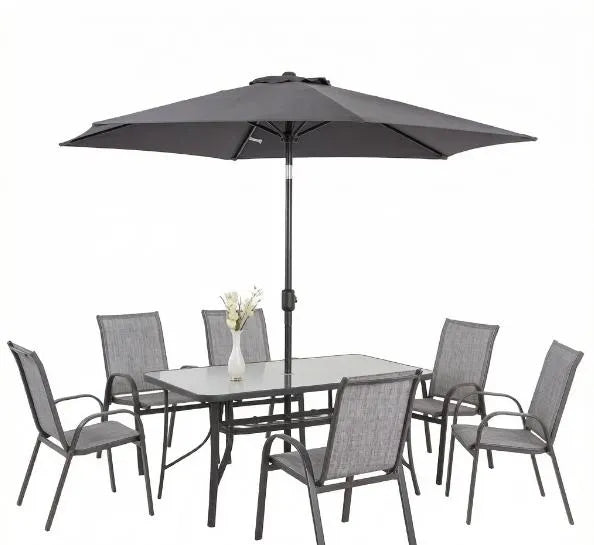 Gray 8-Piece Patio Furniture Set with 9ft Umbrella Outdoor Dining Table And 6 Chairs Tempered Glass Top Push Button Tilt And Crank Parasol