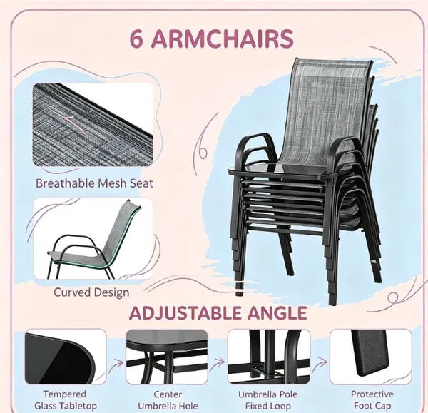 Gray 8-Piece Patio Furniture Set with 9ft Umbrella Outdoor Dining Table And 6 Chairs Tempered Glass Top Push Button Tilt And Crank Parasol
