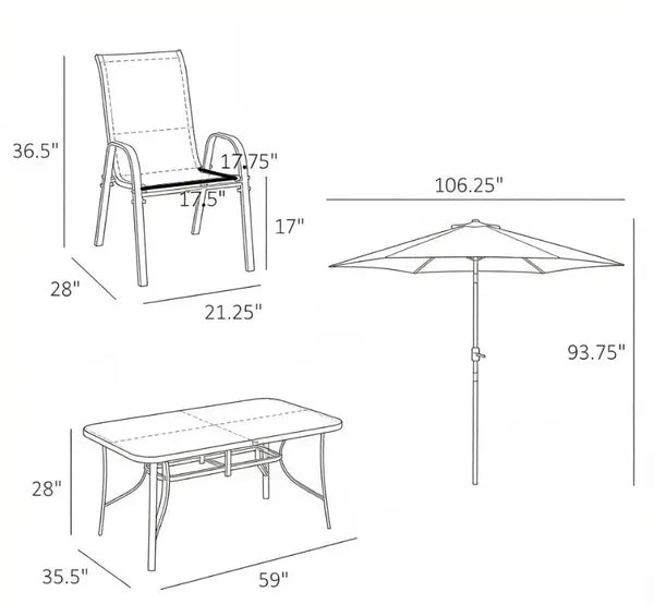 Gray 8-Piece Patio Furniture Set with 9ft Umbrella Outdoor Dining Table And 6 Chairs Tempered Glass Top Push Button Tilt And Crank Parasol